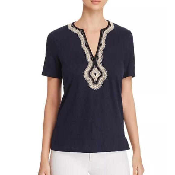 Tory Burch Liliana Embroidered Slub-Knit Tee In Tory Navy Size XXS - Picture 1 of 8